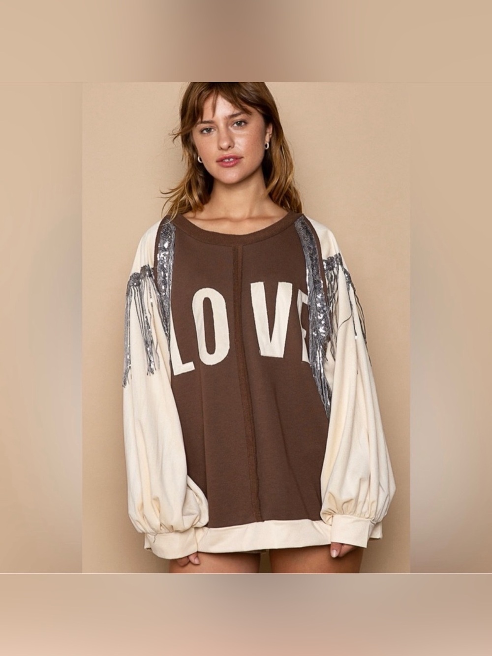 POL LOVE Sequin Fringe Sweatshirt Western Boho Oversized Top